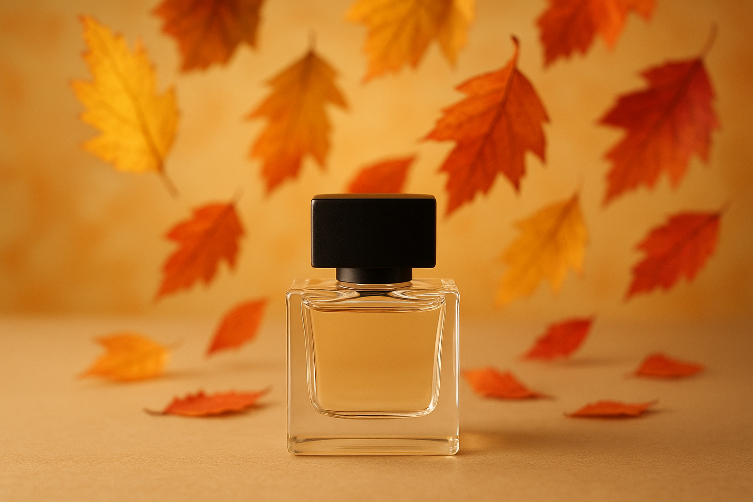 one ounce perfume square bottle with black lid with fall leaves falling behind it